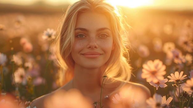 Vrouw die in een veld van bloemen staat Generatieve AI