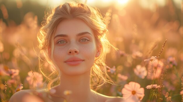 Foto vrouw die in een veld van bloemen staat generatieve ai