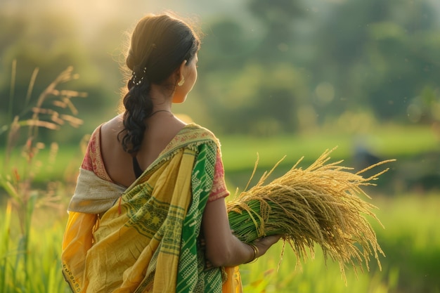 Vrouw die in het veld staat en een bundel rijstgras vasthoudt