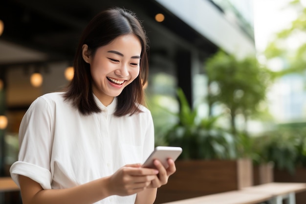 Vrouw die lacht en mobiel gebruikt voor online betaling