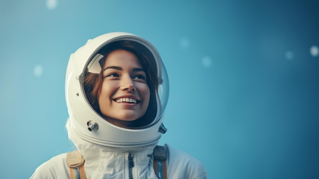 vrouw die lacht in astronautenuniform