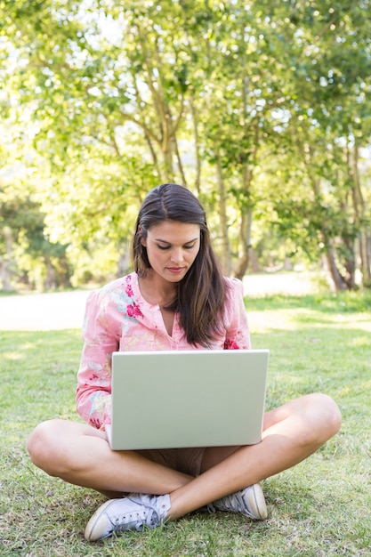 Vrouw die laptop in park met behulp van