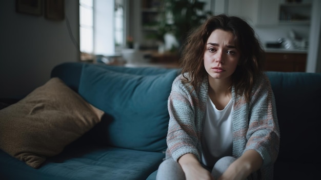 Vrouw die lijdt aan depressie zittend op bed in pyjama