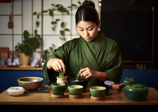 Vrouw die matcha-thee bereidt met alle apparatuur
