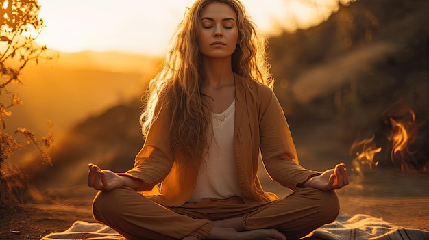 Vrouw die mediteert met gouden licht bij zonsopgang.