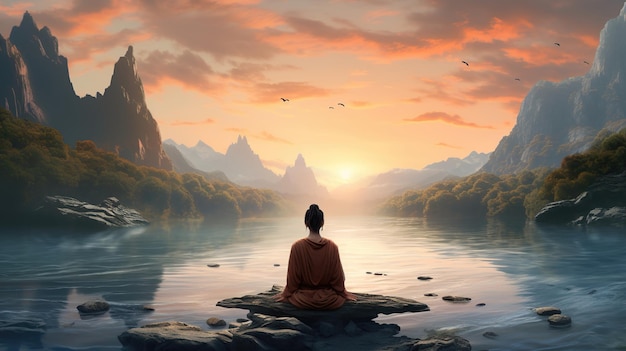 vrouw die mediteert omringd door prachtige bergen