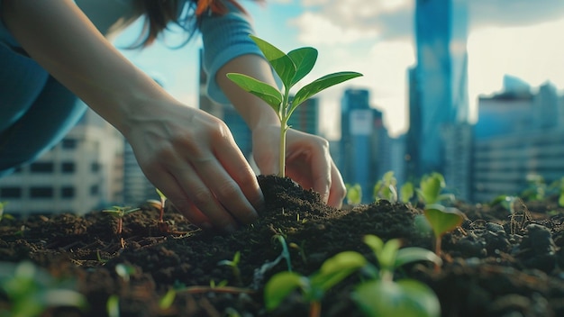 Foto vrouw die met de hand groenten plant