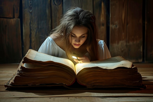Foto vrouw die met een zaklamp in een enorm boek leest