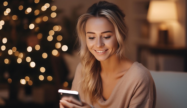 Vrouw die met iemand praat via een videogesprek op een smartphone in de woonkamer met lichten op een wazige achtergrond