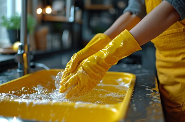 vrouw die met rubberen handschoenen in keukenspoelvloeistoffen afwas