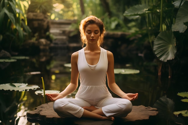 Vrouw die mindfulness-meditatie beoefent in een serene natuurlijke omgeving voor geestelijke gezondheid en selfc