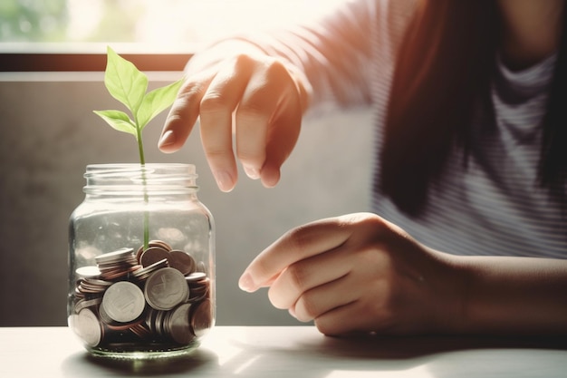 Vrouw die munt in de pot stopt met plant en munten