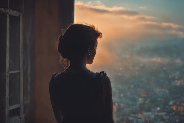 Vrouw die naar het raam kijkt vrouw die naar het venster kijkt silhouet van een meisje in de zonsondergang