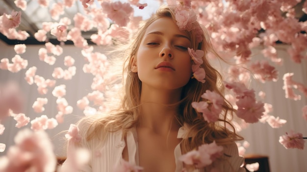 Vrouw die onder een bos roze bloemen staat