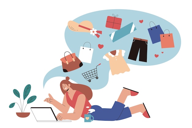 Vrouw die online op laptop winkelt