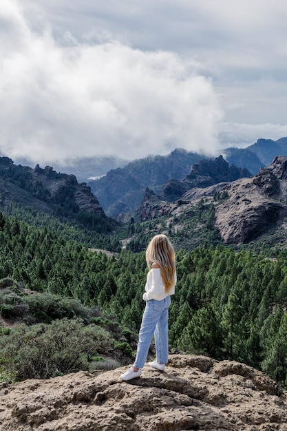 Vrouw die op de top van de berg staat, omringd door de natuur.