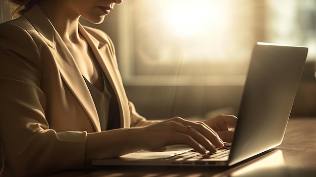 Vrouw die op haar laptop werkt aan een bureau met een kopje koffie