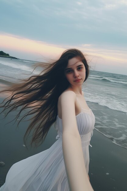 Vrouw die op het strand loopt in een witte jurk