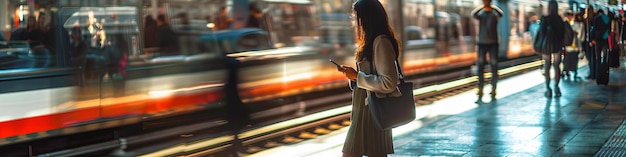 Vrouw die op het treinstation wacht met een smartphone in de hand Stedelijk pendel- en technologieconcept