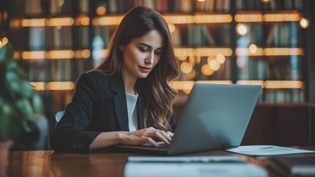 Vrouw die op kantoor met een laptop werkt. Mooie jonge vrouw in casual kleding die een laptop gebruikt.
