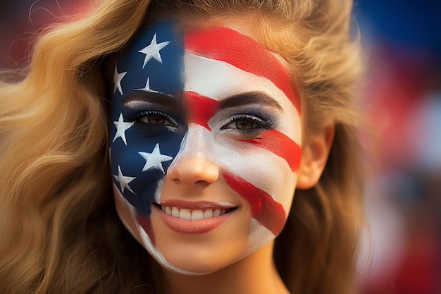 Vrouw die passie uitdrukt met USA Team-kleuren op haar gezicht