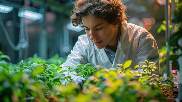 Vrouw die planten in een kas verzorgt