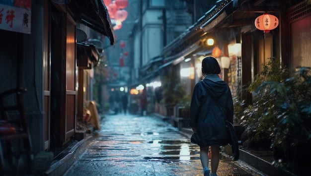 Vrouw die 's nachts in een regenachtige straat loopt Tokyo Japan met AI gegenereerd