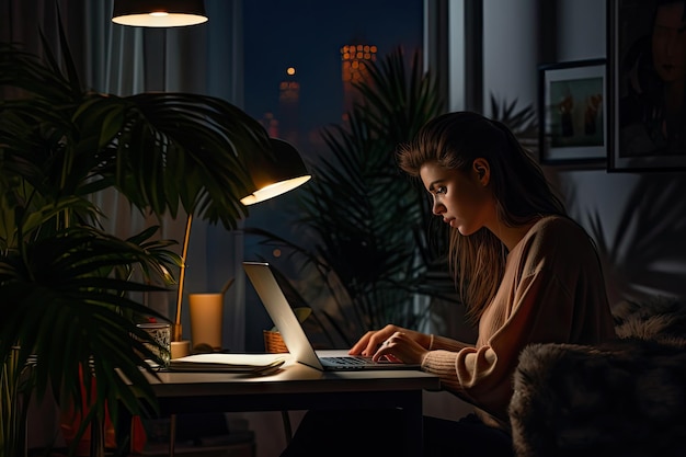 Foto vrouw die's nachts op haar laptop schrijft in haar kantoor.