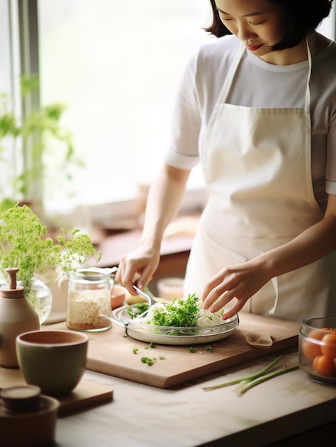 Vrouw die salade bereidt in de keuken