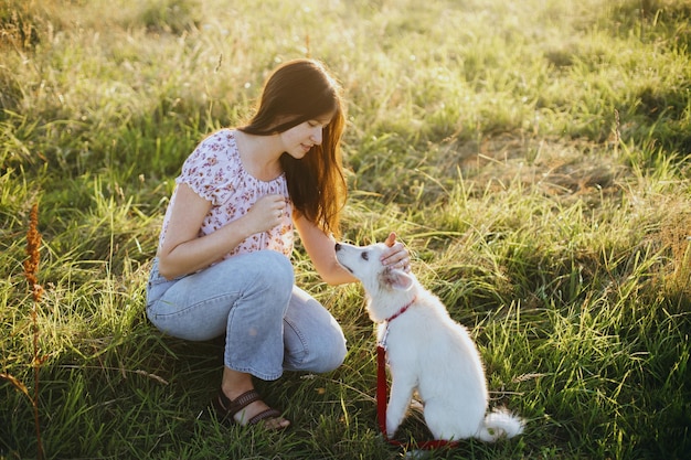 Vrouw die schattige witte puppy traint om zich te gedragen en hem te strelen in de zomerweide in warm zonsonderganglicht