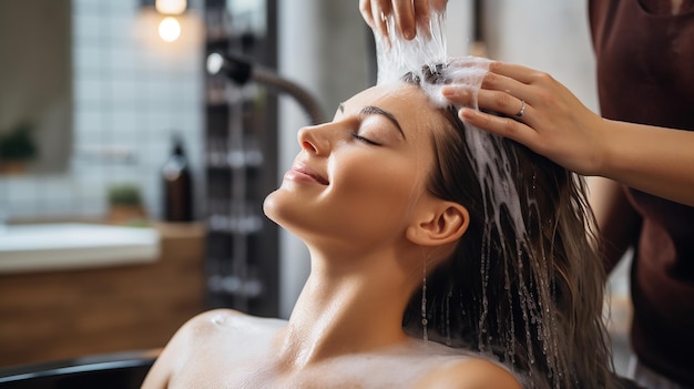 Foto vrouw die shampoo aanbrengt en haar masseert van een klant vrouw die haar haar in een kapsel laat wassen