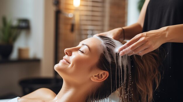 Vrouw die shampoo aanbrengt en haar masseert van een klant Vrouw die haar haar in een kapsel laat wassen