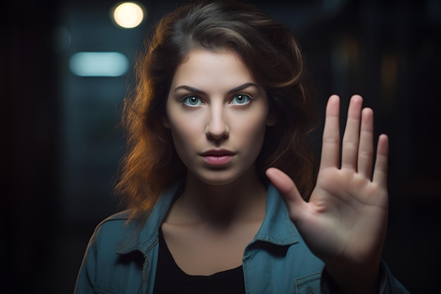 vrouw die stopbord toont, is het niet eens met het afwijzen van teken