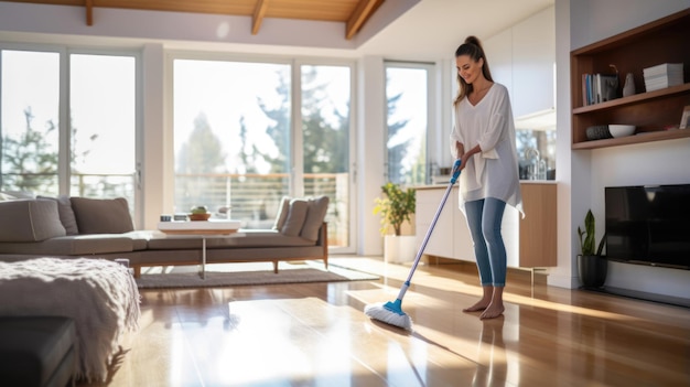 Vrouw die thuis de vloer met een natte mop schoonmaakt