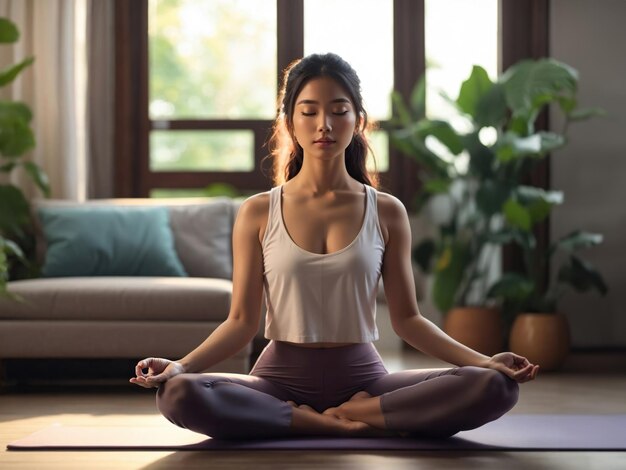 Vrouw die thuis mediteert en yoga beoefent