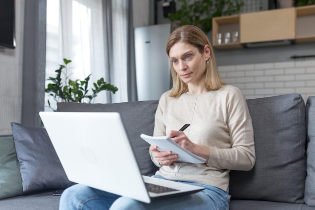 Vrouw die thuis online studeert, gebruikt een laptop die thuis op de bank zit