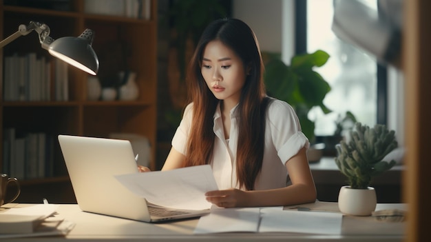 vrouw die thuis op een laptop werkt en een smartphone gebruikt