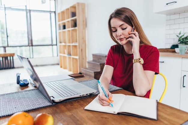 Vrouw die thuis werkt, schrijft notities terwijl ze telefoneert