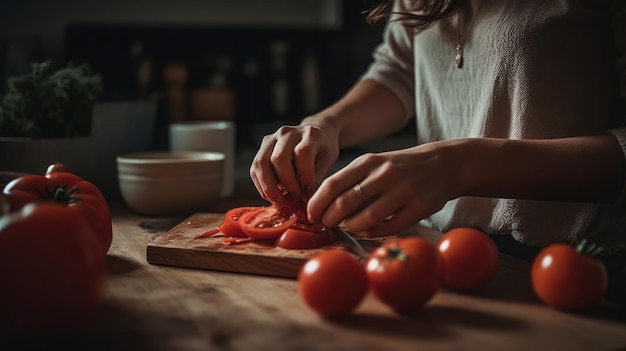 Vrouw die tomaten snijdt om thuis een maaltijd te bereiden Generatieve ai