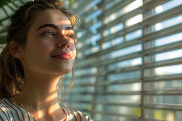 Vrouw die uit het raam glimlacht