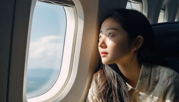 vrouw die uit het raam van een vliegtuig kijkt