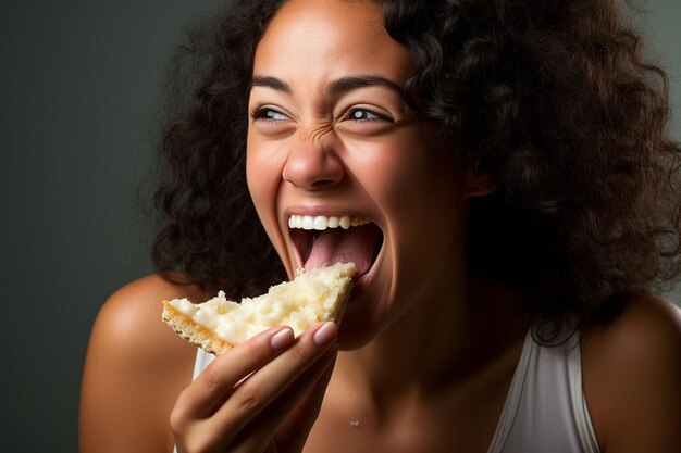 Foto vrouw die van een stukje rijke zwarte boskoek geniet