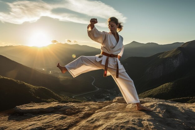 Foto vrouw die vechtsporten beoefent op de top van een berg generatieve ai