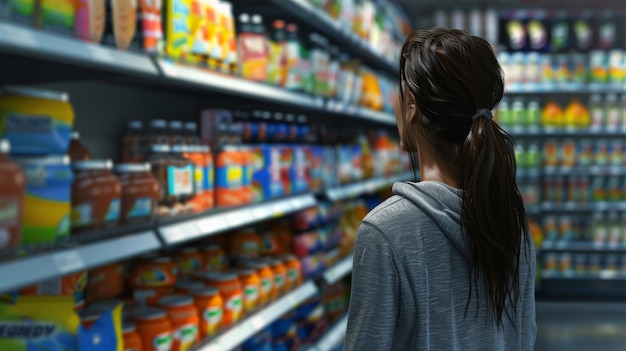 Vrouw die verschillende producten overweegt in een gang van een supermarkt, besluitvorming bij het winkelen