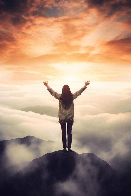 Foto vrouw die viert op een berg die naar de hemel kijkt die al je mentale angsten laat gaan hoop