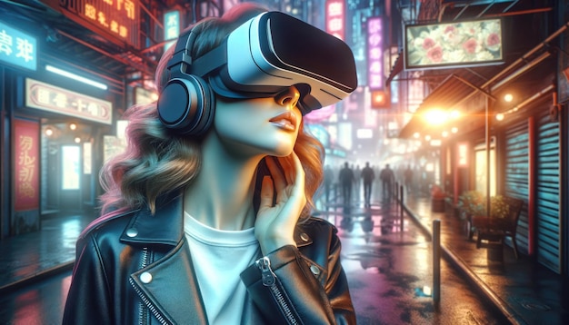Vrouw die virtuele realiteit ervaart in Neon City