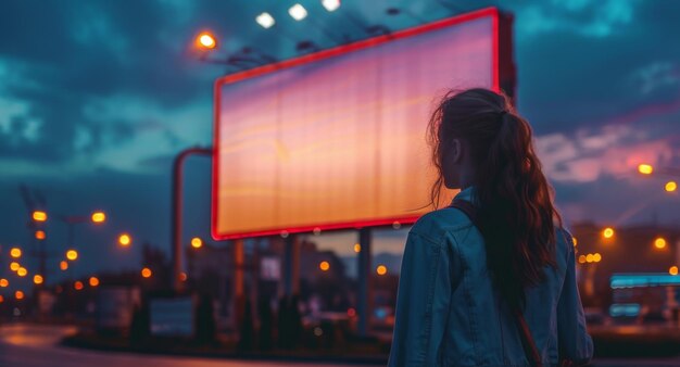 Foto vrouw die voor een groot billboard staat