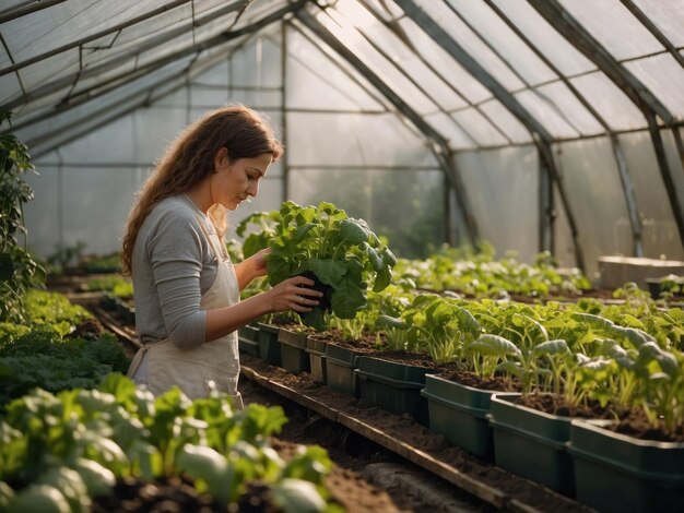 Vrouw die voor groene planten zorgt