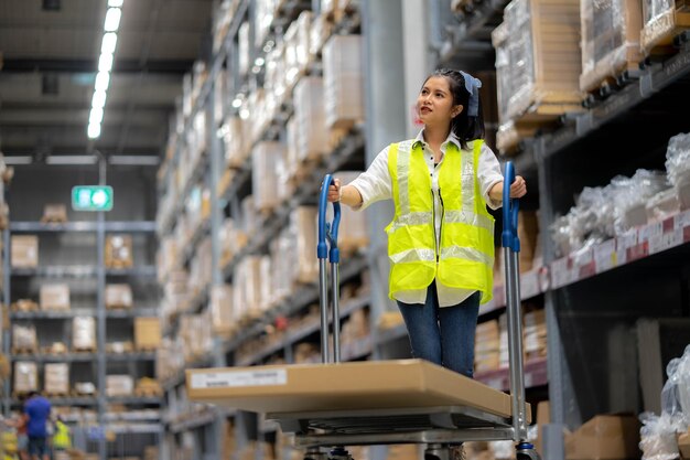 Foto vrouw die voor het gebouw werkt.