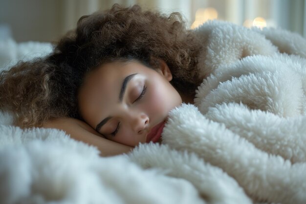 Foto vrouw die vreedzaam in bed slaapt, omhuld door een luxe witte pluizige deken.